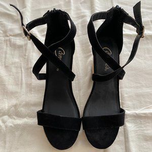 Candies Black Wedge Espadrille Heels Criss Cross with Gold Buckle